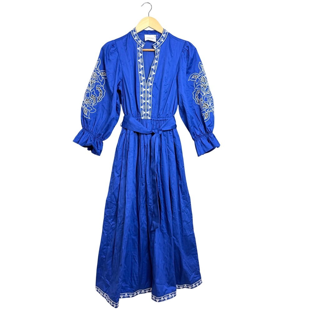 NEW Hyacinth House Royal Blue Embroidered Cotton Midi Dress S Boho Split Neck